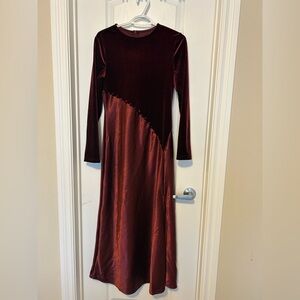 Burgundy Velvet Satin Ankle- Length Dress – Long Sleeve